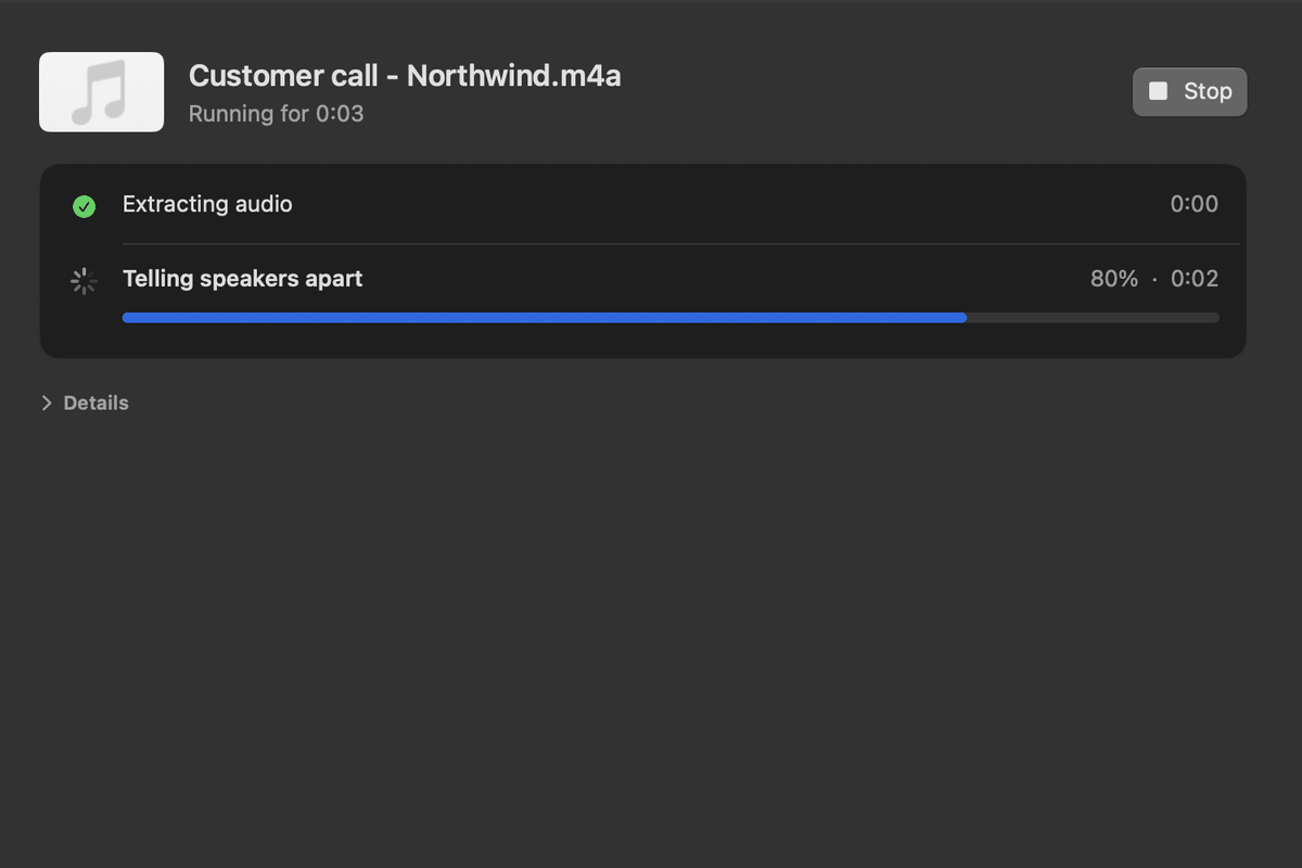 A transcription in progress: extracting audio done, telling speakers apart at 80 percent, with a Stop button.