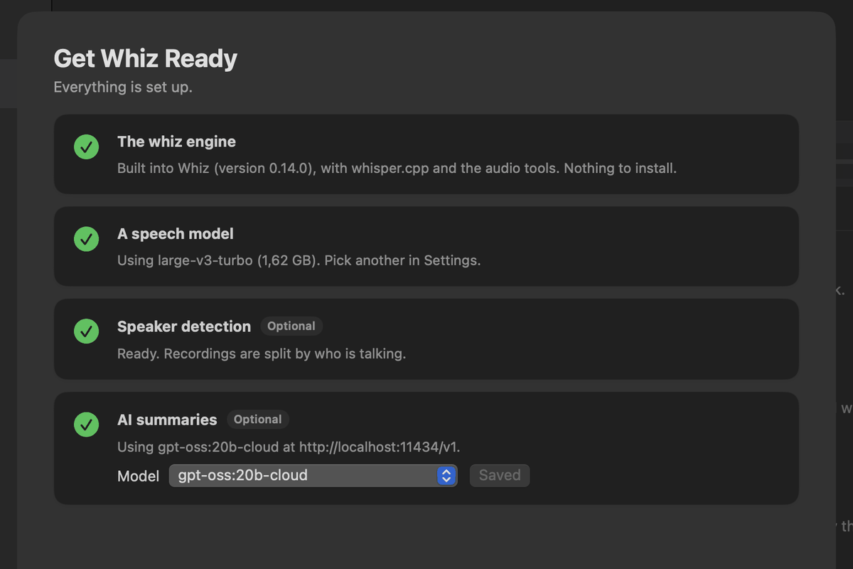 Get Whiz Ready: the whiz engine is built in, a speech model, speaker detection and AI summaries, all checked.