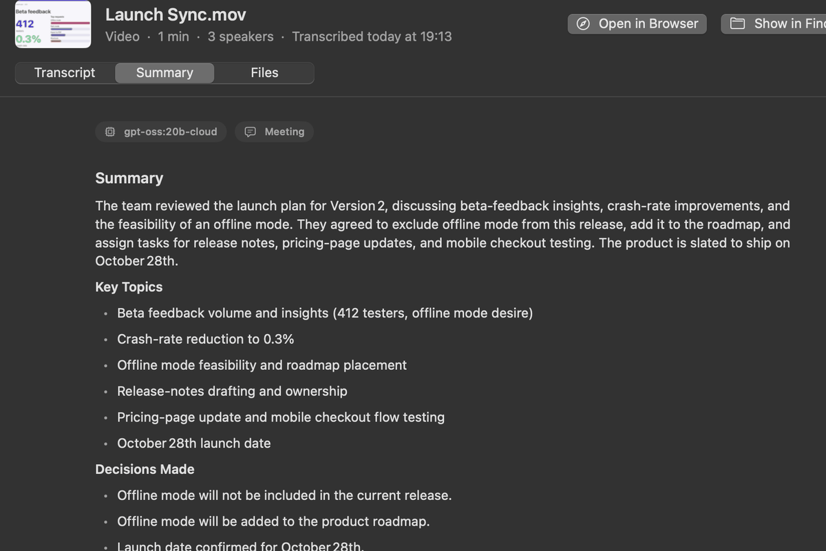 The Summary tab: an overview, key topics, decisions made, and action items with owners such as Tom and Arjun.